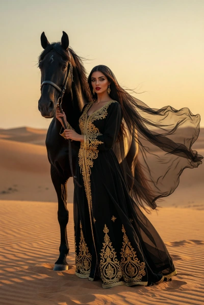 Mujer exótica con caballo negro en el desierto