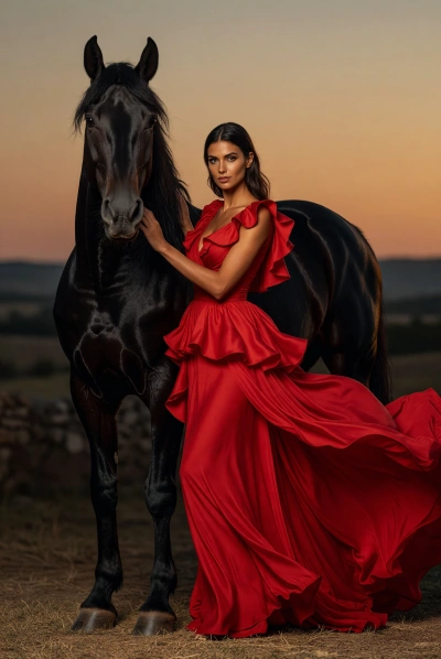 Vestido rojo con caballo negro al atardecer