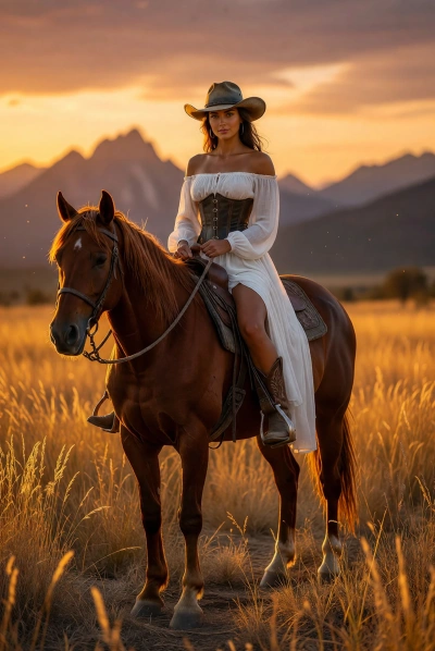 Estilo vintage con caballo castaño al atardecer