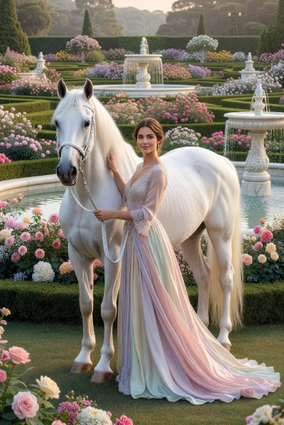 Princesa con caballo en jardín europeo