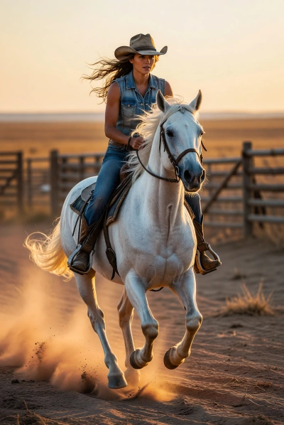 Vaquera cabalgando a toda velocidad