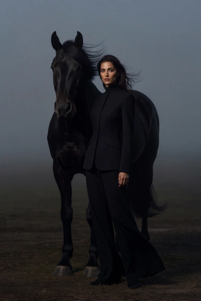 Retrato elegante con caballo negro y niebla