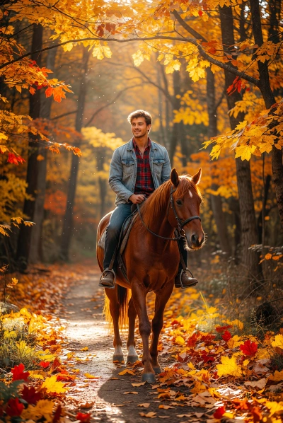 Paseo otoñal con caballo castaño