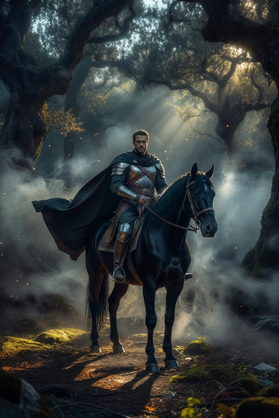 Guerrero medieval en bosque con niebla