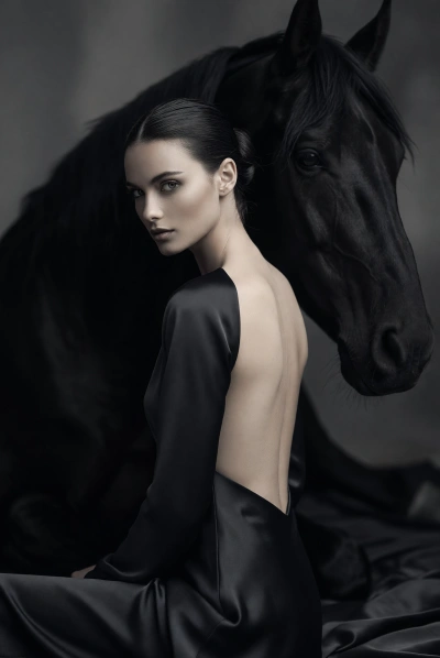 Retrato editorial en blanco y negro con caballo negro