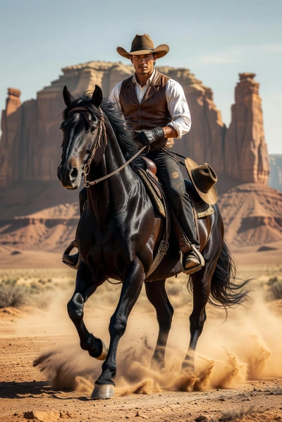 Vaquero en el desierto con caballo negro