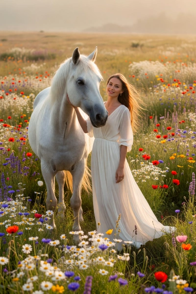 Mujer romántica con caballo blanco en flores