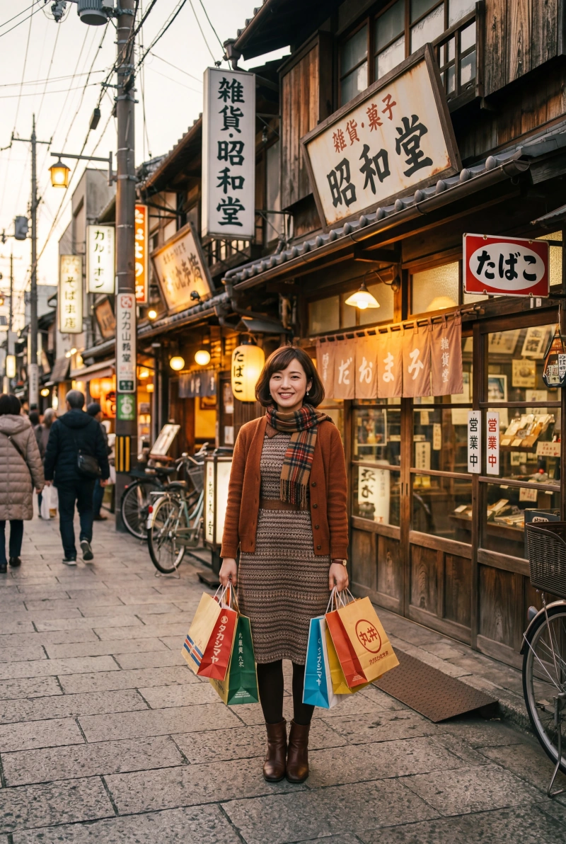 買い物帰りのレトロファッションの女性