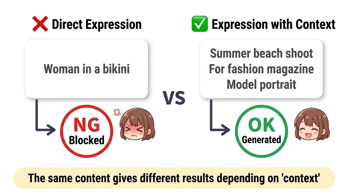 Grok prompt comparison - Direct expression gets blocked (NG), expression with context gets generated (OK). The same content gives different results depending on context.