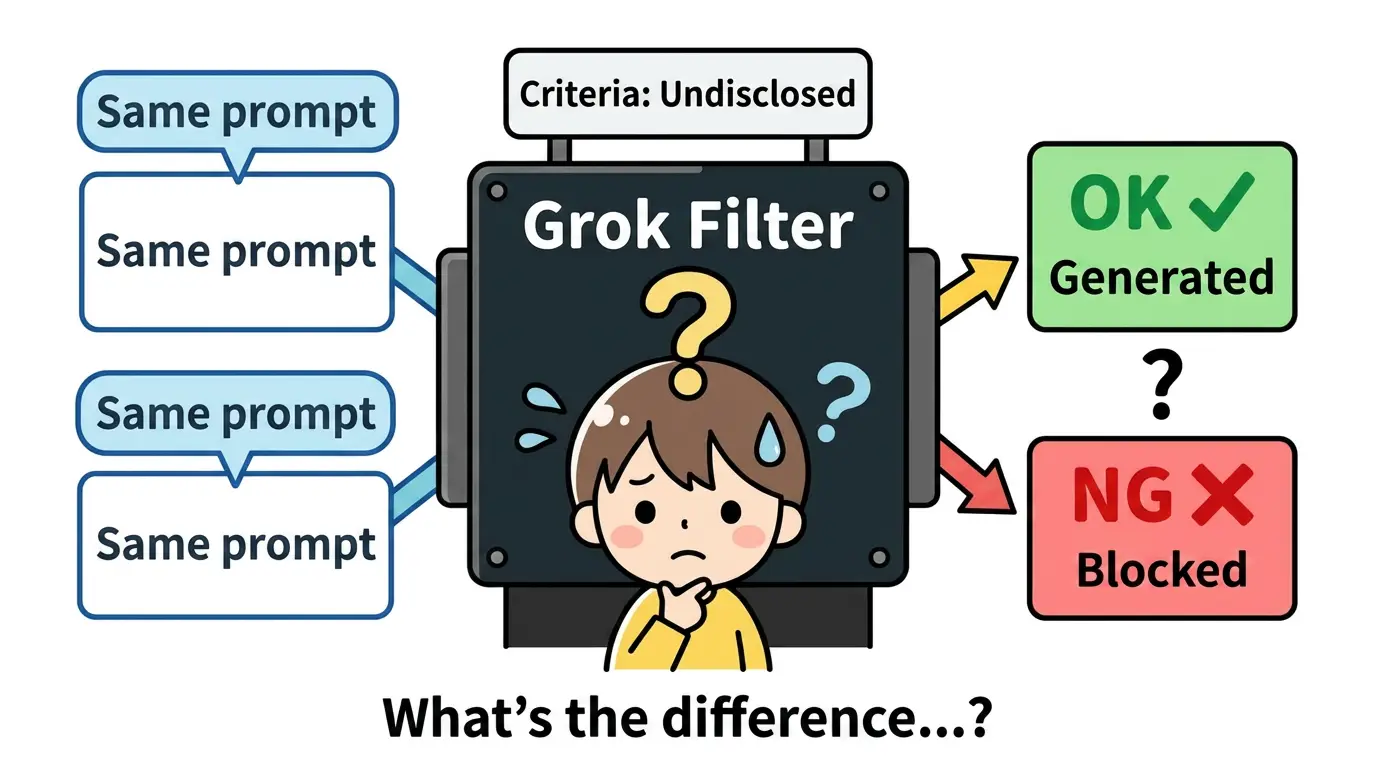 Grok Filter diagram - same prompt can be generated or blocked with no clear explanation, criteria undisclosed