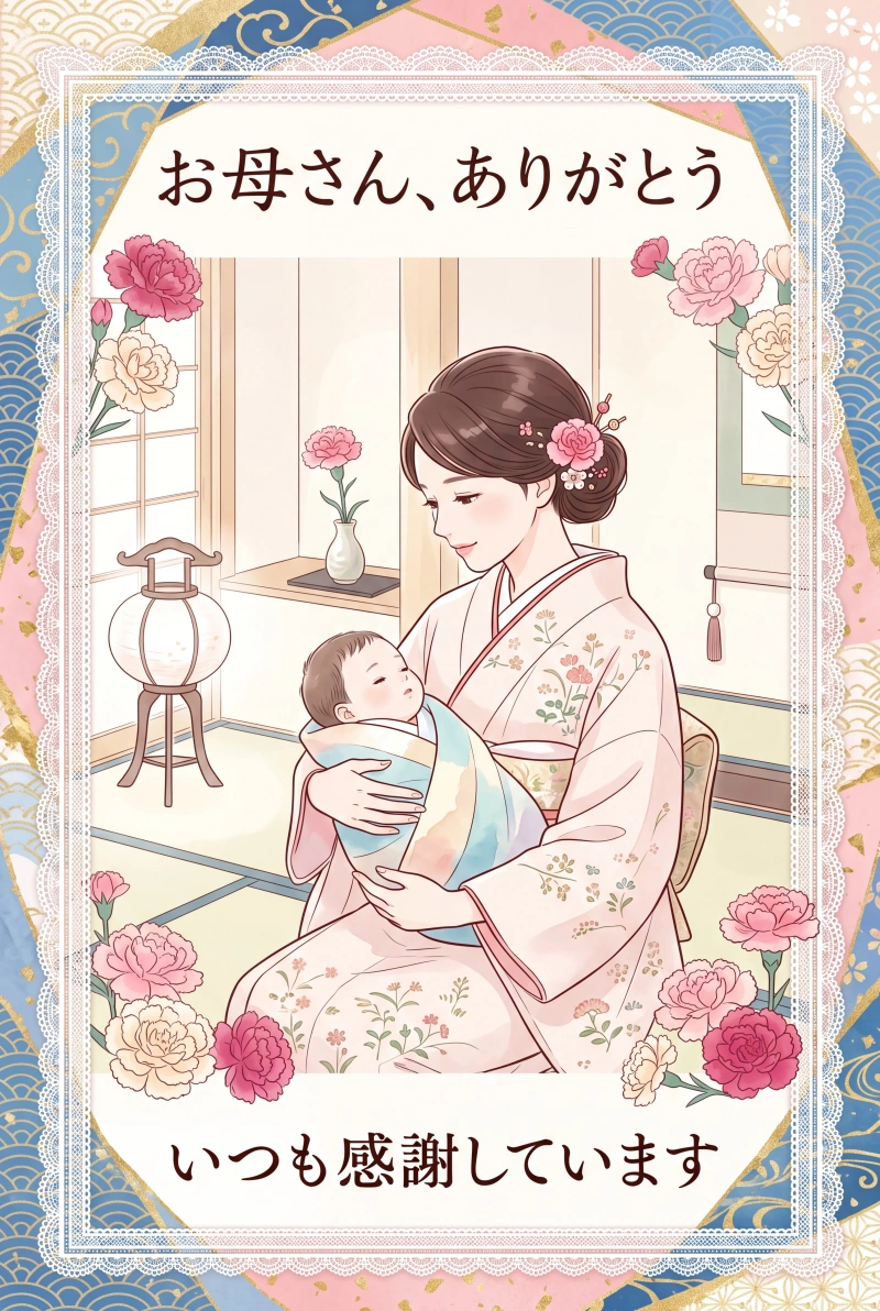 ヴィクトリアン調の金枠で母子を描いた母の日イラスト、セピア調