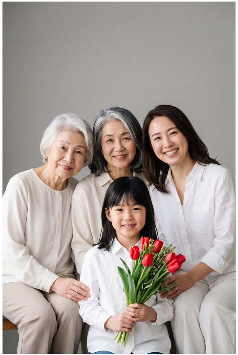 グレー背景の前に並ぶ日本人の女性四世代と、花束を持つ幼い女の子