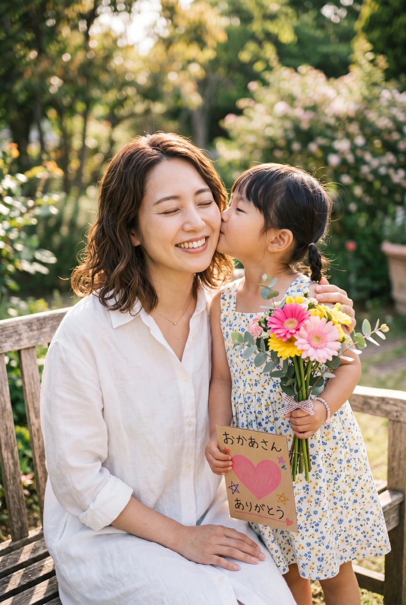 芝生で母の頬にキスする幼い娘と花束、日本人の母と娘