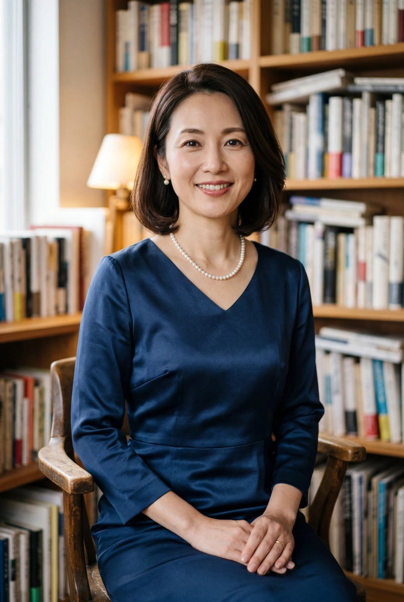 書斎で微笑む、ドレス姿の日本人の母親