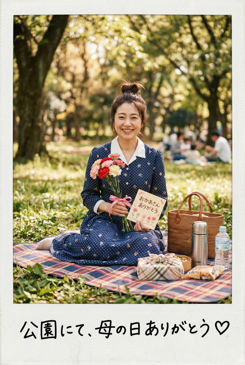 芝生のレジャーシートに座り花束を持つ日本人の母親、インスタント写真風