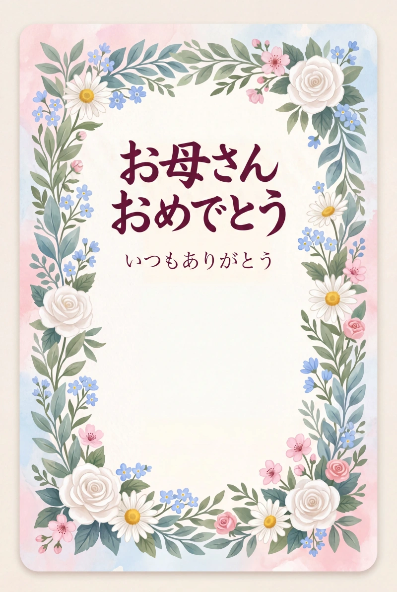 花のフレームと「お母さんおめでとう」の縦長ポスター