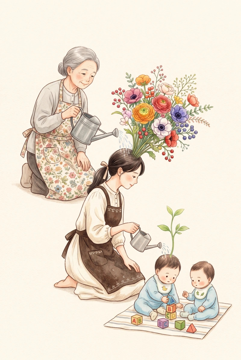 じょうろと花と芽で世代を表す縦長イラスト、日本人の祖母・母・赤ちゃん