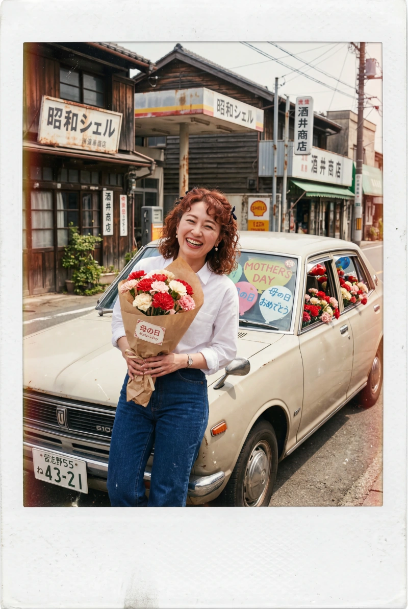 旧車の横で花束を持ち微笑む日本人の女性、昭和レトロのインスタント写真風