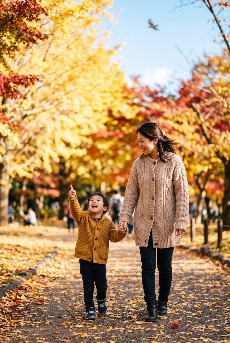 秋の公園を手をつないで歩く日本人の母と幼い息子