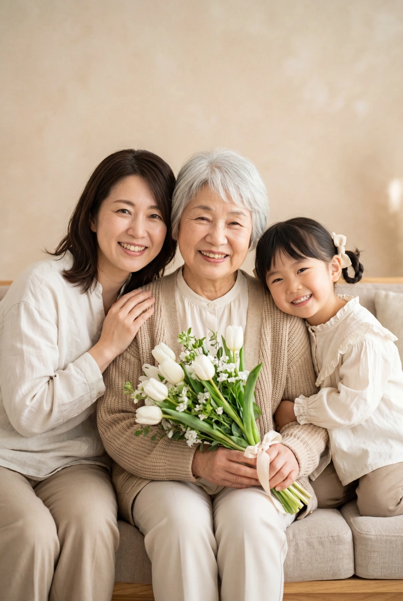 ベージュ背景の前で花束を囲む日本人の祖母・母・娘の三世代