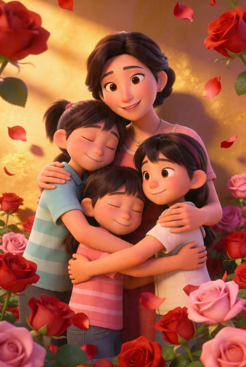 バラに囲まれ抱き合う日本人の母と子どもたち、3Dアニメ風のイラスト