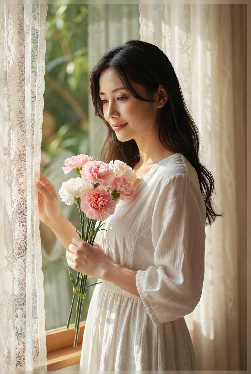 窓辺で花束を抱え、外を見つめる日本人の母親