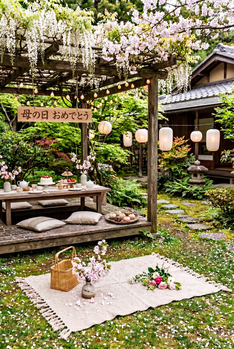 花とケーキが並ぶ母の日のガーデンパーティー、屋外のテーブル