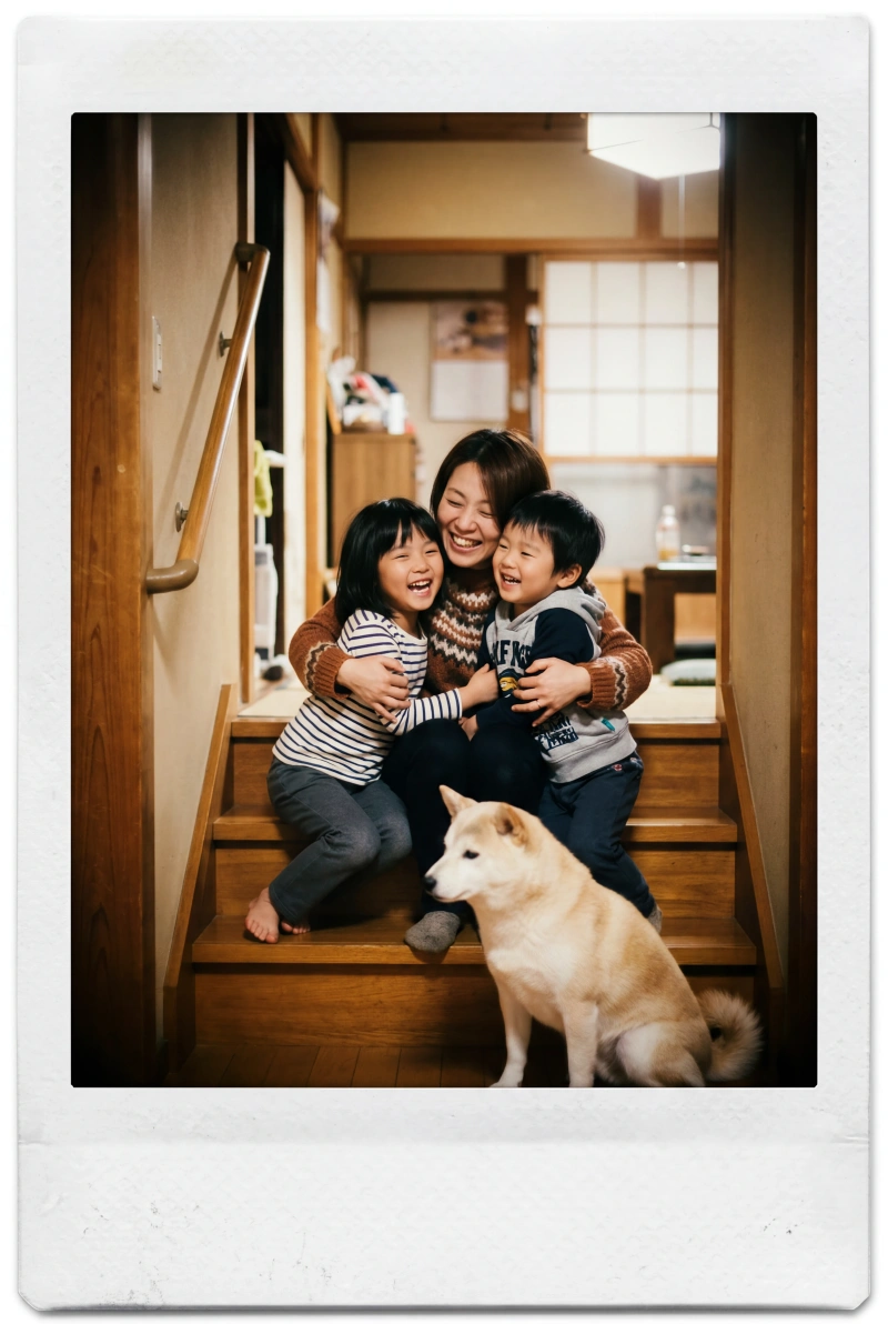 木の階段で笑い合う日本人の母と子どもたち、インスタント写真風