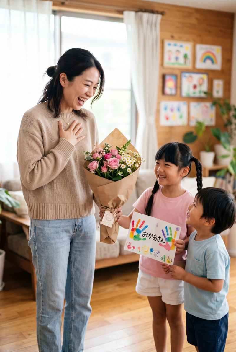 花束と手形カードで驚く日本人の母と二人の子ども