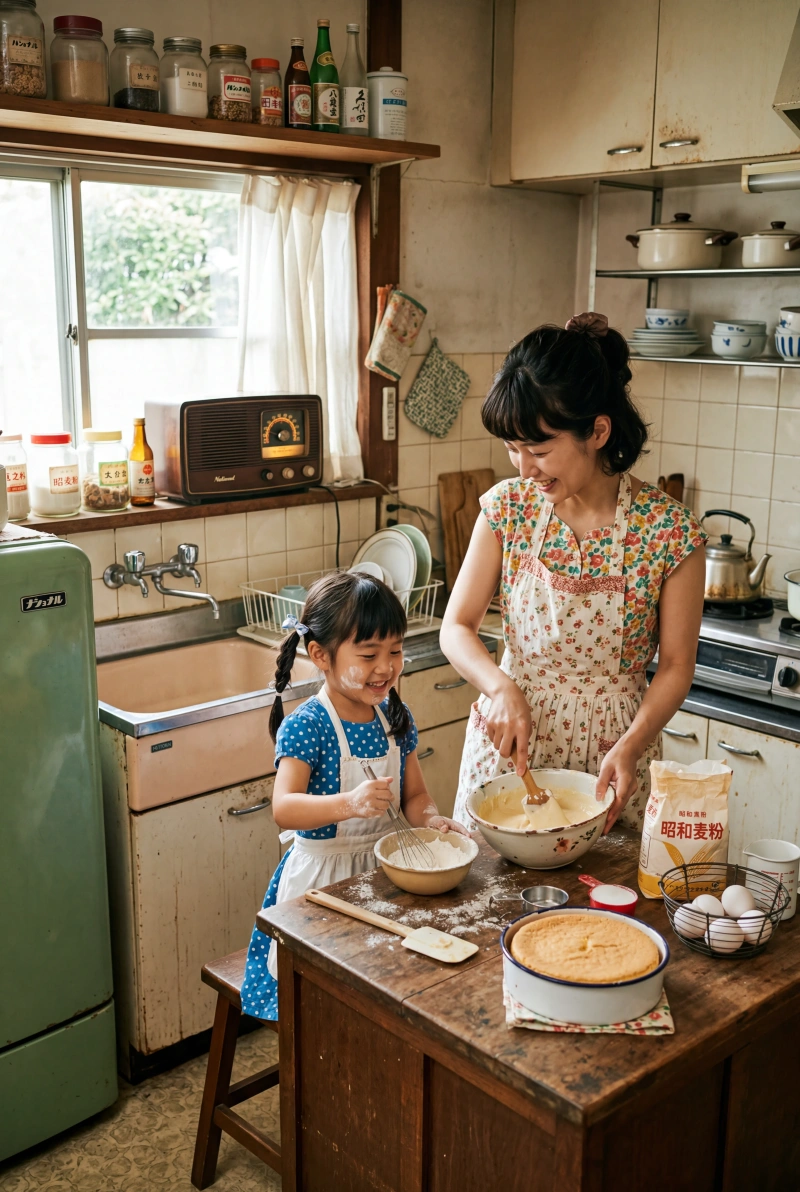 昭和レトロのキッチンでお菓子を作る日本人の母と娘