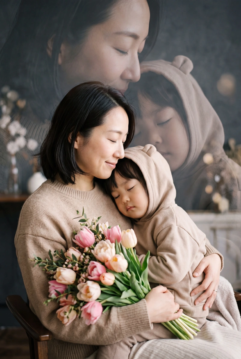 花束と子どもを抱く日本人の母、多重露光風のポートレート