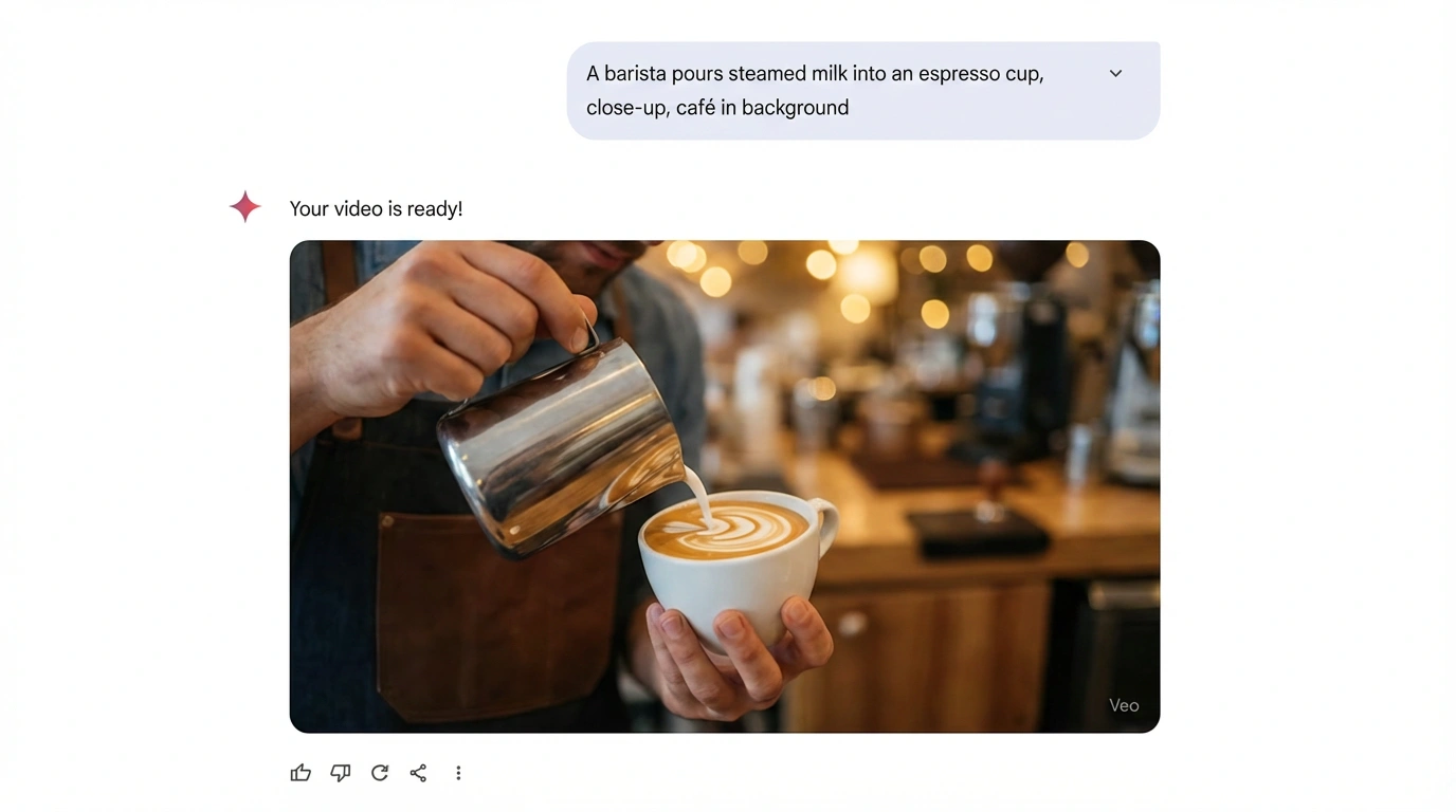 Gemini Veo generates a barista latte art video from a text prompt - 