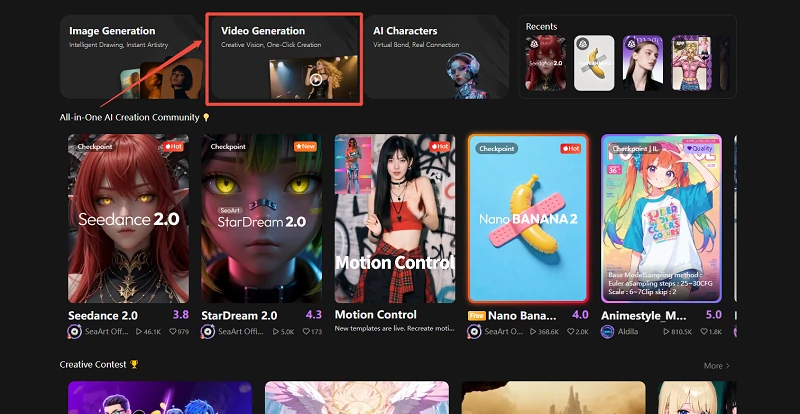 Choose Video Generation from SeaArt AI homepage