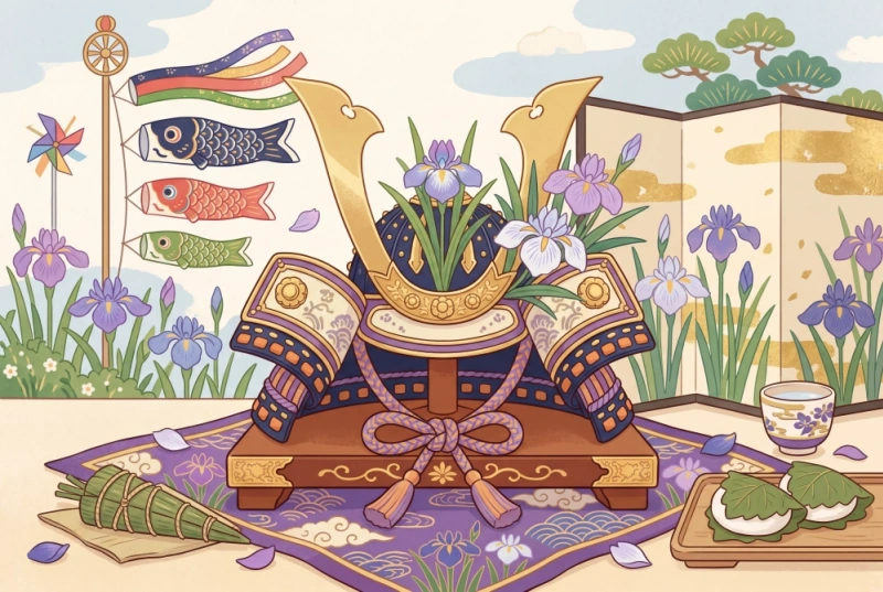 あやめで飾った兜のイラスト