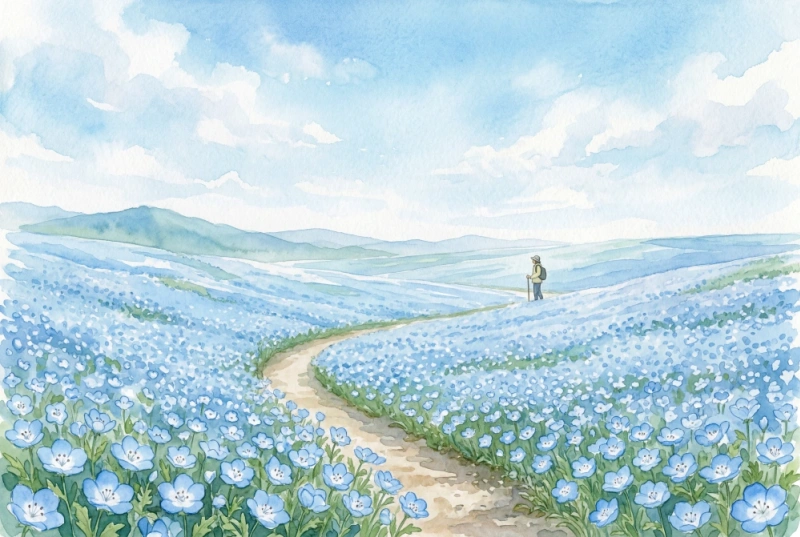 広がるネモフィラ畑のイラスト