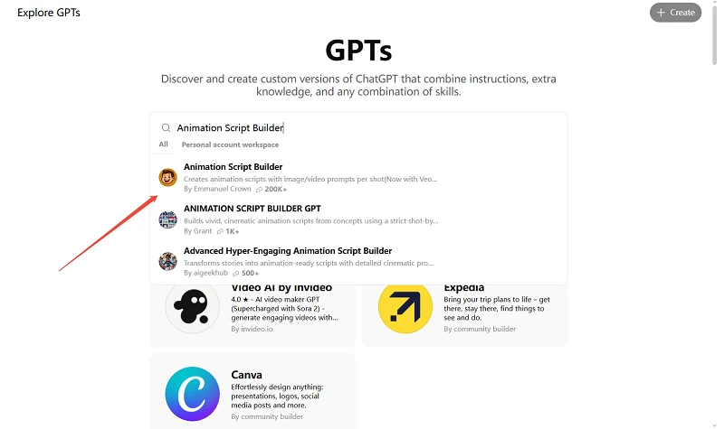 Search for Animation Script Builder Under Explore GPTs