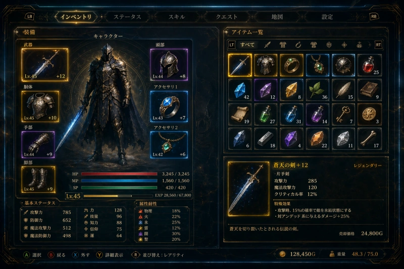 ファンタジーRPGのインベントリ画面
