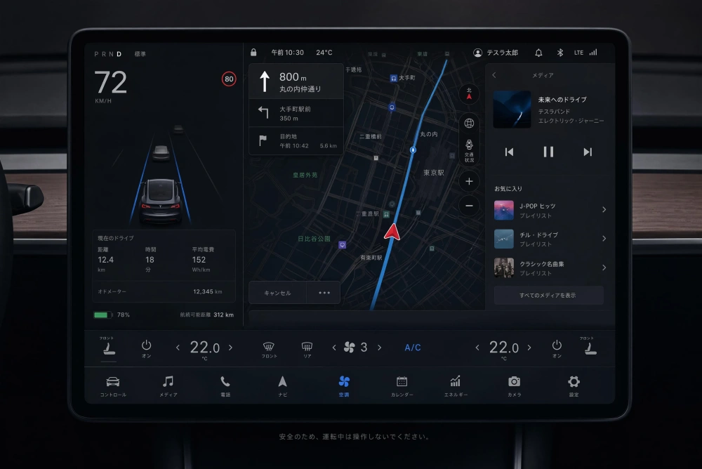 Teslaの車載ダッシュボードを思わせるスクリーンショット