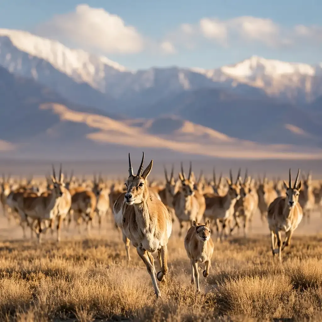 Migración de antílope tibetano, plano documental amplio