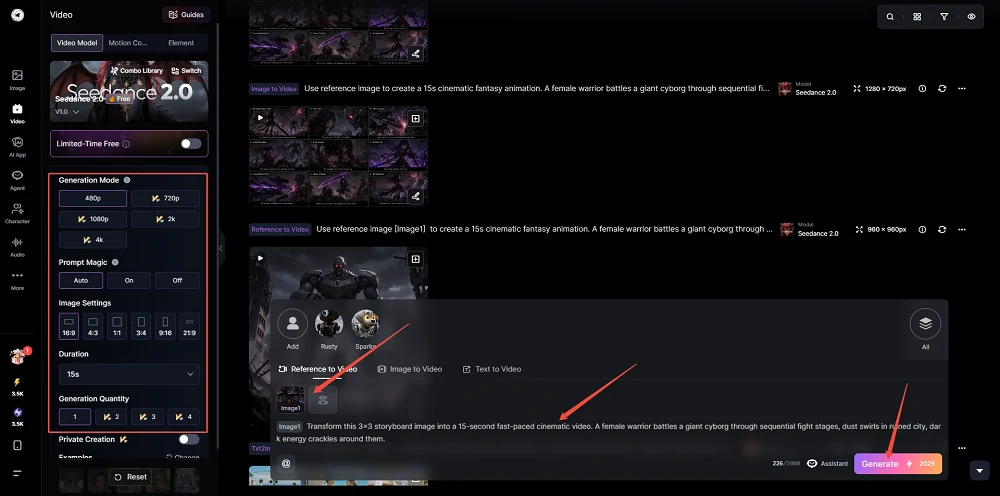 Take storyboard to Seedance 2.0 video generator