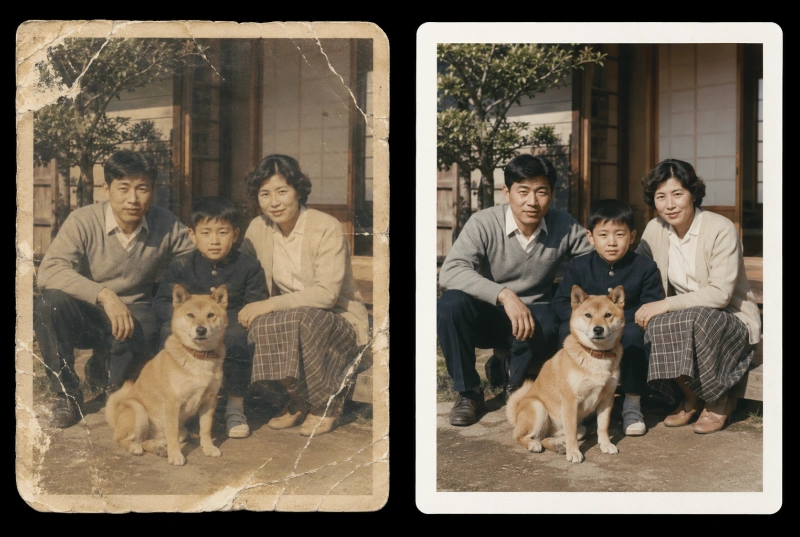 ペットと家族が写った古い写真を、細部と色を保ちながら修復する