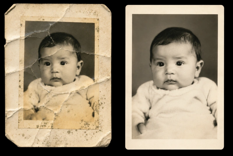 色あせた赤ちゃんの古い写真を、やわらかい自然な色で修復する