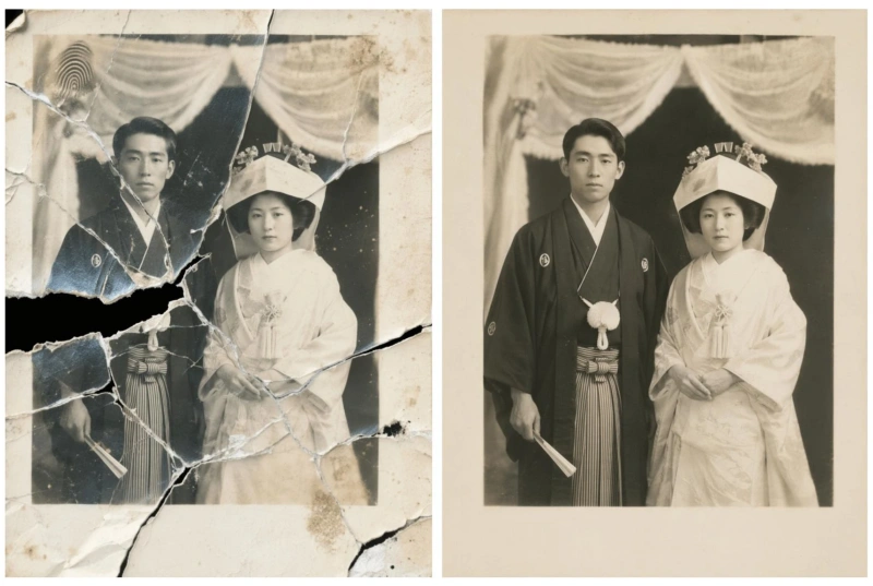 傷んだ古い結婚写真を自然な色で修復する