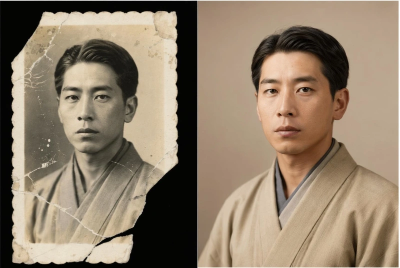 色あせた古い白黒ポートレートを自然に修復する