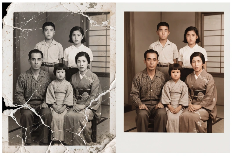 色あせた古い家族写真を自然に修復し、細部を鮮明にする