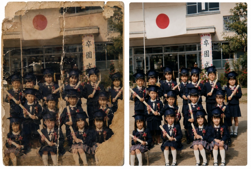 ぼやけた子どもの卒業写真を修復し、顔の細部を見やすくする
