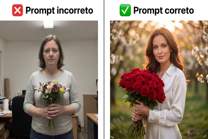Comparação de prompt incorreto vs correto para o Dia das Mães
