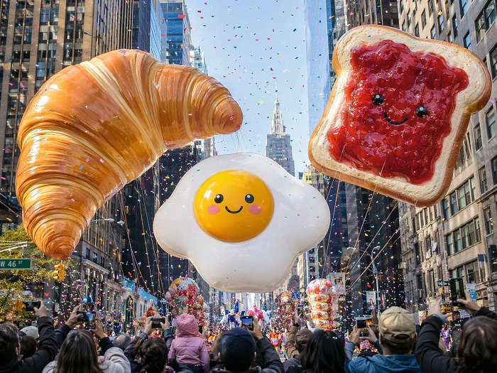 巨大な「朝ごはん」バルーンのパレード