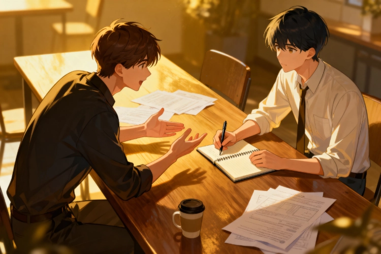 Two Characters Sitting across A Table