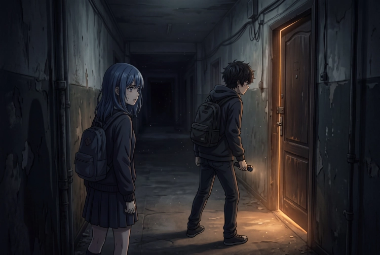 Two Characters Standing in A Dark Corridor